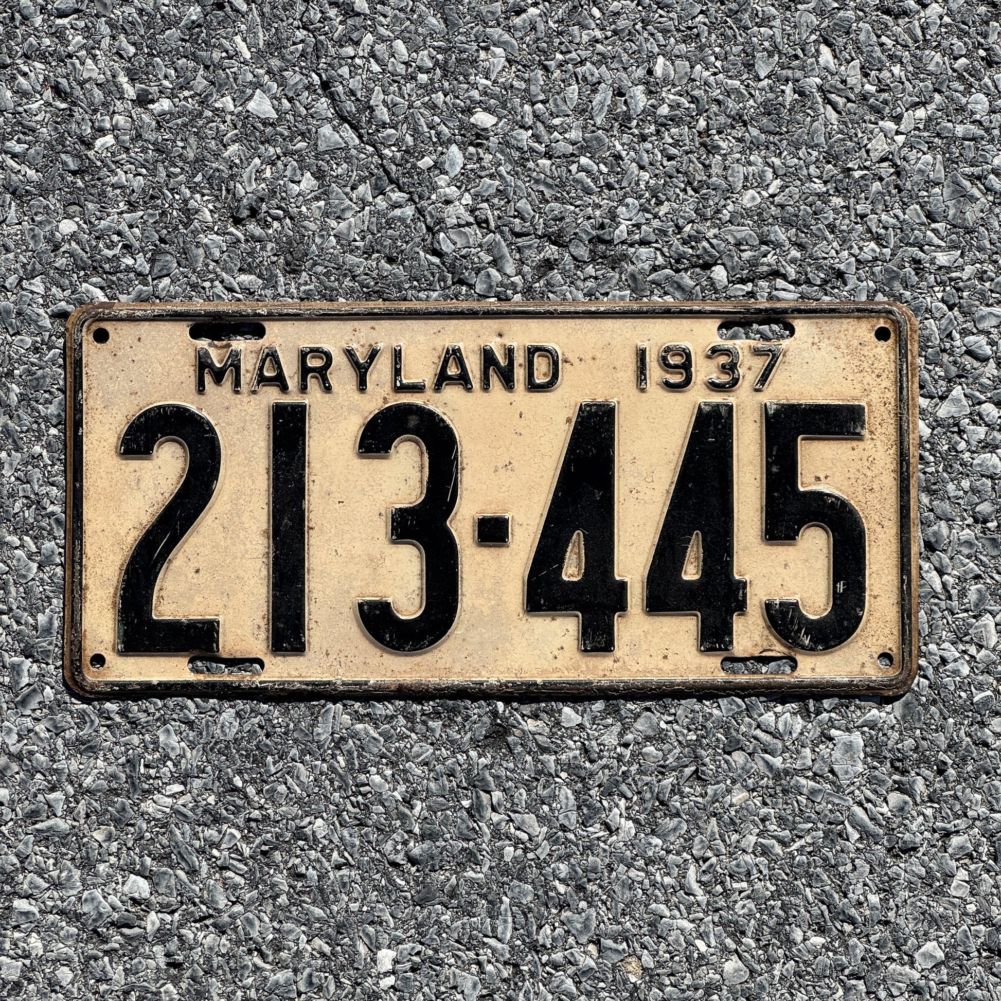 Photo of a 1937 Maryland License Plate Auto Tag Garage Decor Vintage 213 445