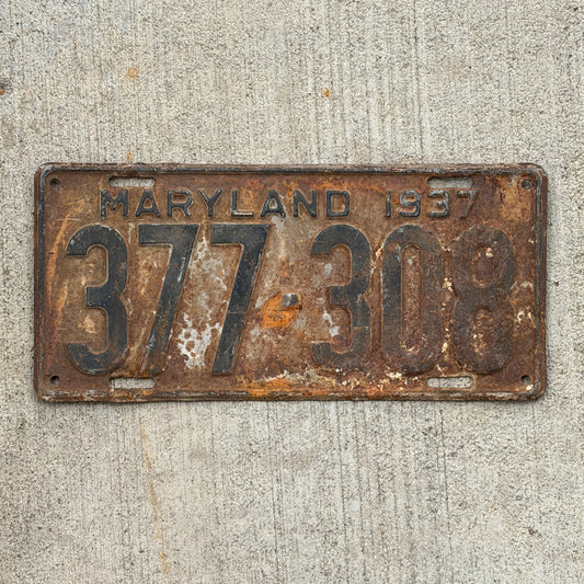 Photo of a 1937 Maryland License Plate Auto Tag Garage Decor Vintage 377 308 with original patina