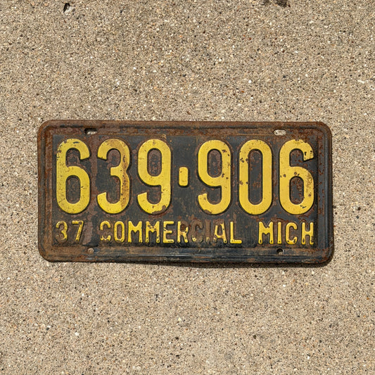 Photo of a 1937 Michigan Commercial License Plate Auto Tag 1 Vintage Garage 639 906 with original patina