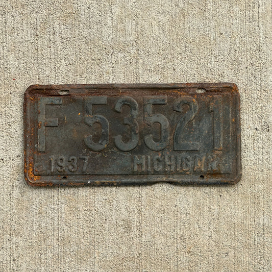 Photo of a 1937 Michigan License Plate Auto Tag Garage Decor Vintage F 53521 with original patina