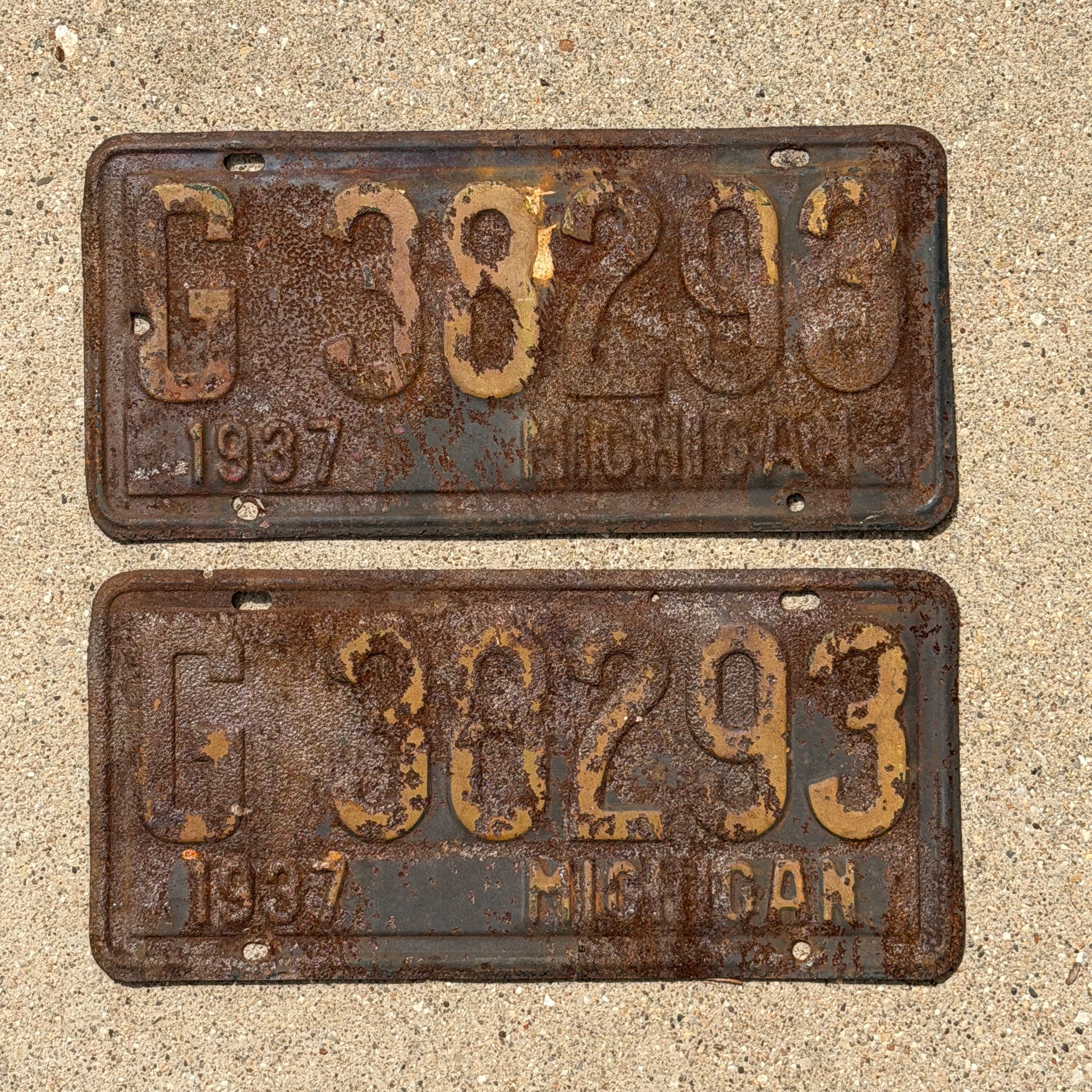 Photo of a 1937 Michigan License Plate Pair Auto Tag Garage Decor Vintage G 38293 with original patina