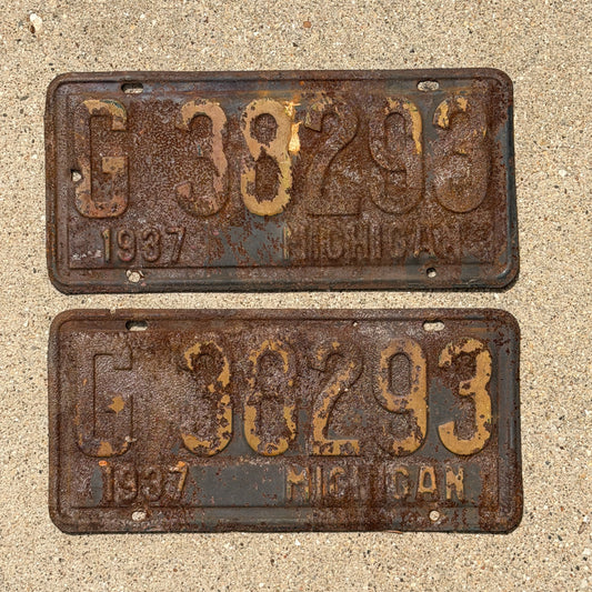 Photo of a 1937 Michigan License Plate Pair Auto Tag Garage Decor Vintage G 38293 with original patina