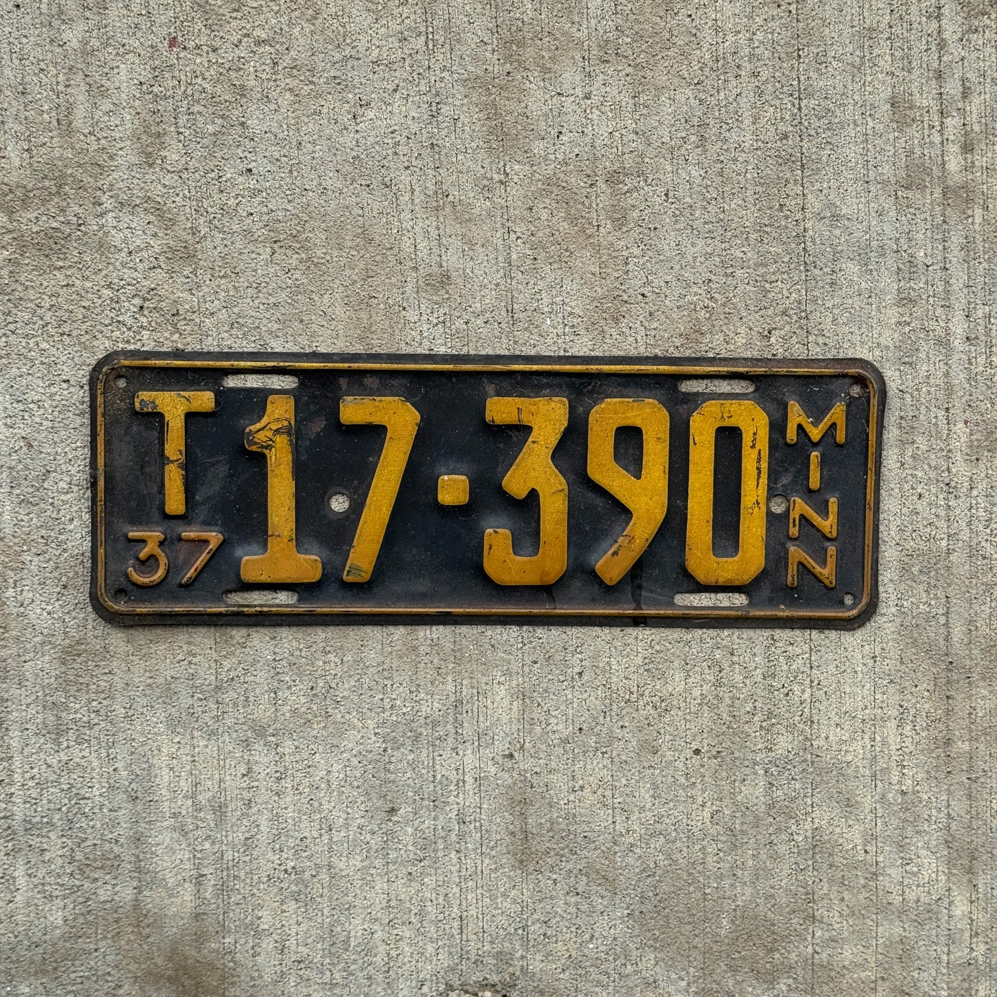 Photo of a 1937 Minnesota Farm Truck License Plate Auto Tag Garage Decor Vintage T 17 390 with original patina