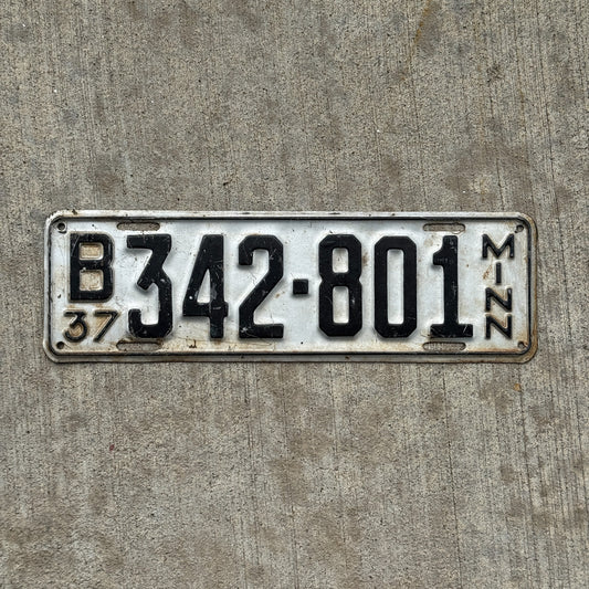 Photo of a 1937 Minnesota License Plate Auto Tag Garage Decor Vintage B 342 801 with original patina