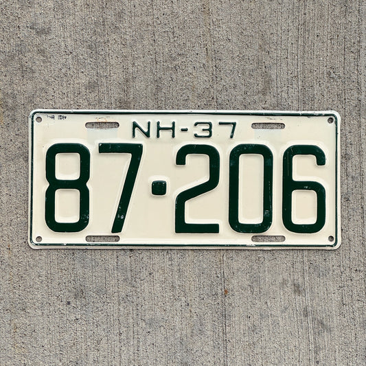 Photo of a 1937 New Hampshire License Plate Auto Tag Garage Decor Vintage High Quality 87 206 with original patina