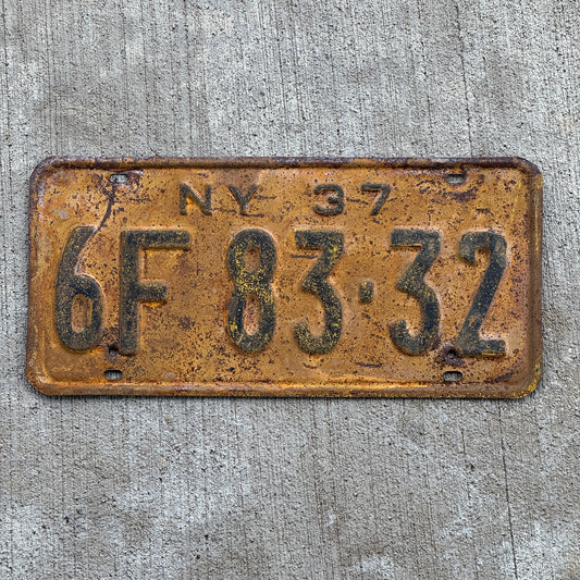 Photo of a 1937 New York License Plate Auto Tag Garage Decor Vintage 6F 83 32 with original patina