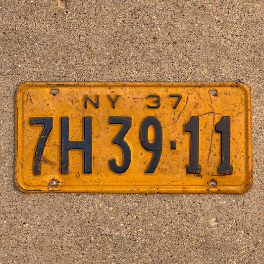 Photo of a 1937 New York License Plate Auto Tag Garage Decor Vintage 7H 3911