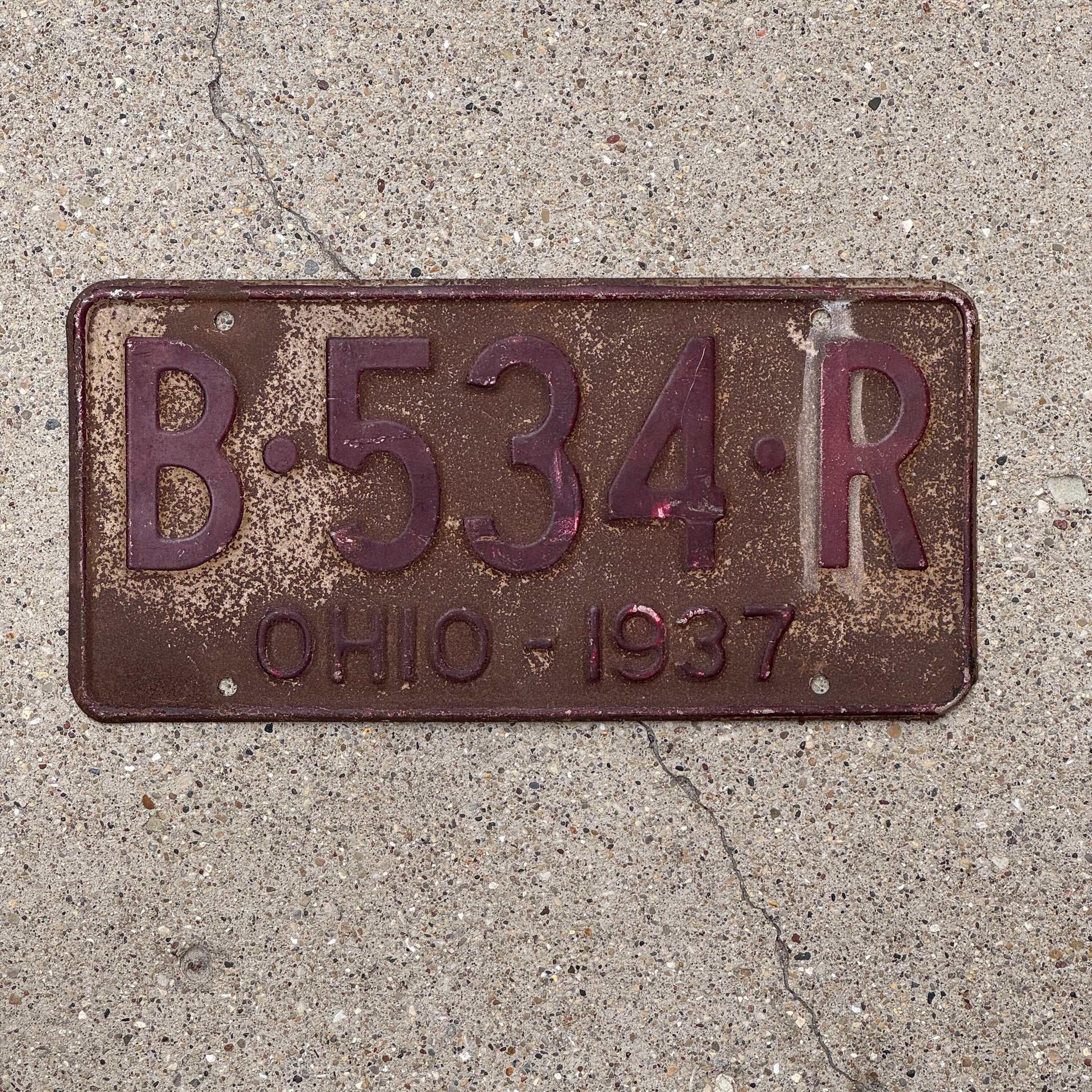 Photo of a 1937 Ohio License Plate Auto Tag 1 Vintage Garage B 534 R with original patina