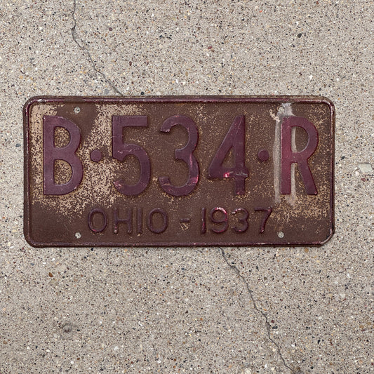 Photo of a 1937 Ohio License Plate Auto Tag 1 Vintage Garage B 534 R with original patina