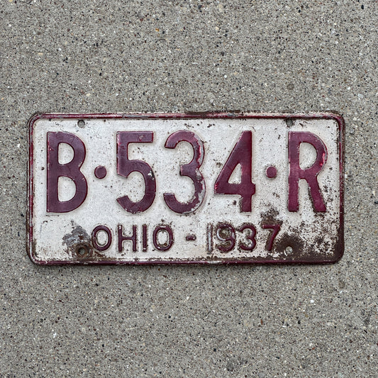 Photo of a 1937 Ohio License Plate Auto Tag 2 Vintage Garage B 534 R with original patina