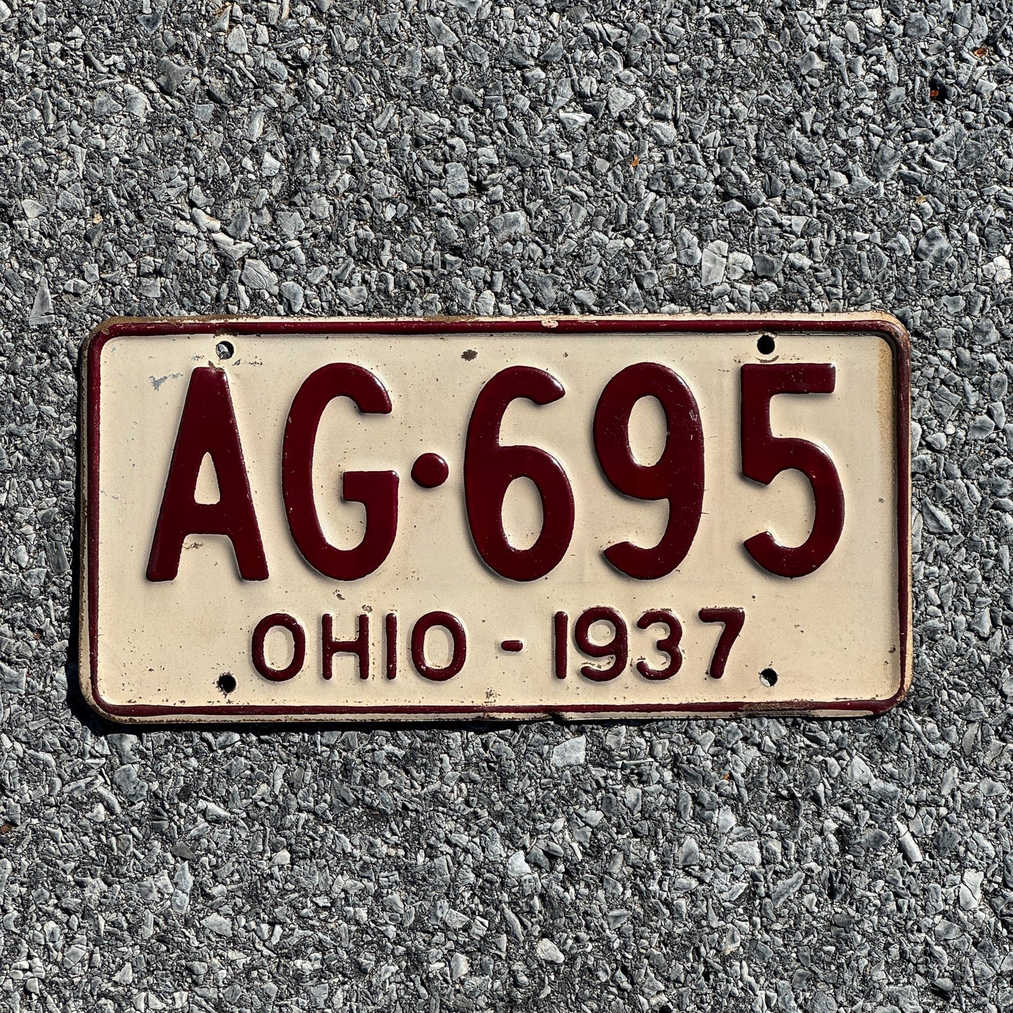 Photo of a 1937 Ohio License Plate Auto Tag Garage Decor Vintage AG 695