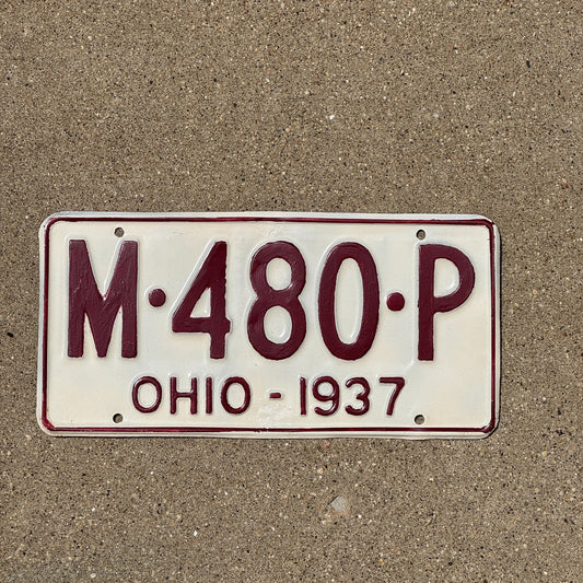 Photo of a 1937 Ohio License Plate Auto Tag Garage Decor Vintage M 480 P