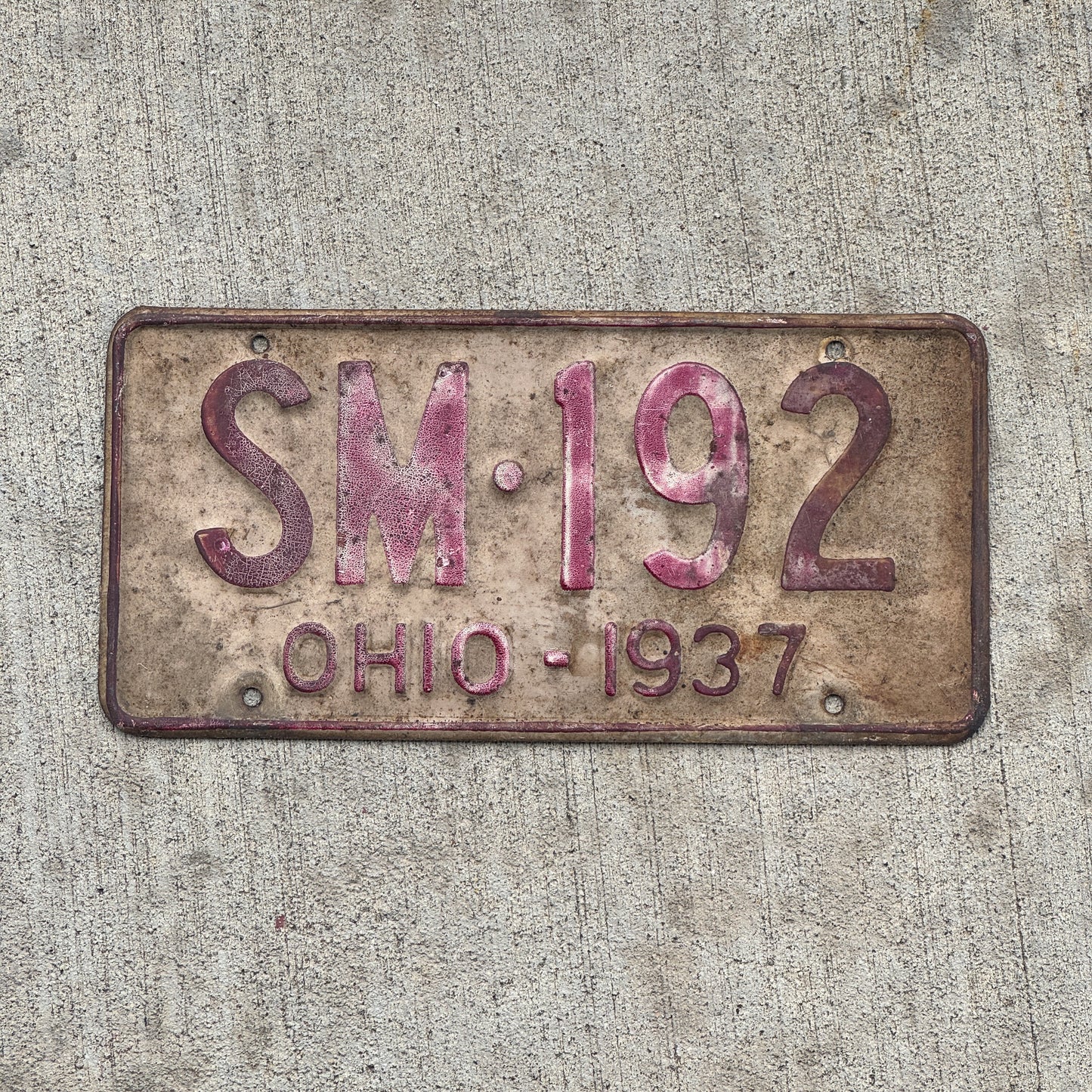 Photo of a 1937 Ohio License Plate Auto Tag Garage Decor Vintage SM 192 with original patina
