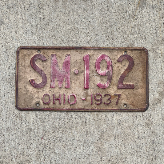 Photo of a 1937 Ohio License Plate Auto Tag Garage Decor Vintage SM 192 with original patina