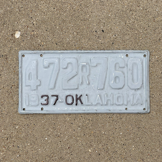Photo of a 1937 Oklahoma License Plate Auto Tag Garage Decor Vintage Rear 472 R 760