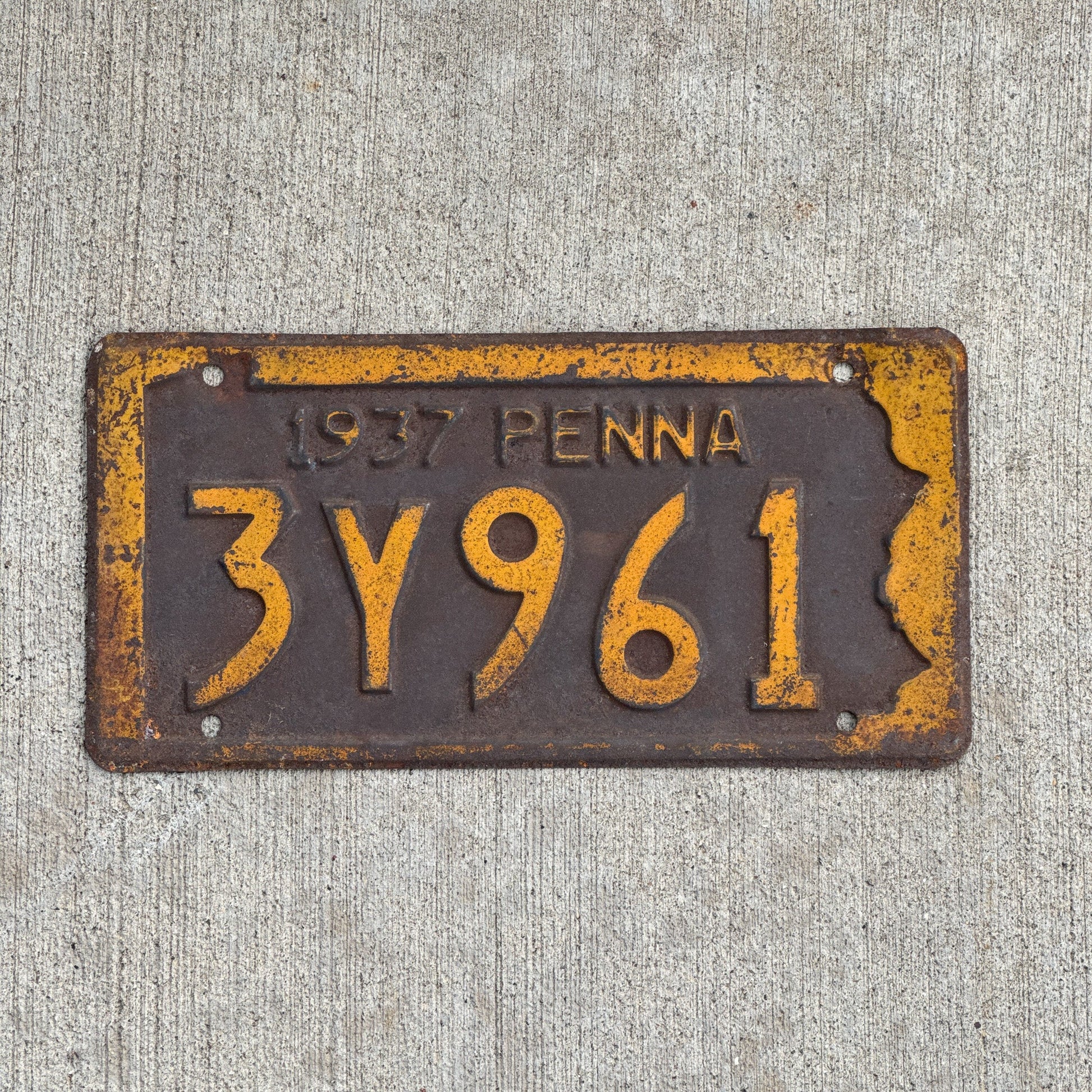 Photo of a 1937 Pennsylvania License Plate Auto Tag Garage Decor Vintage 3Y961 with original patina