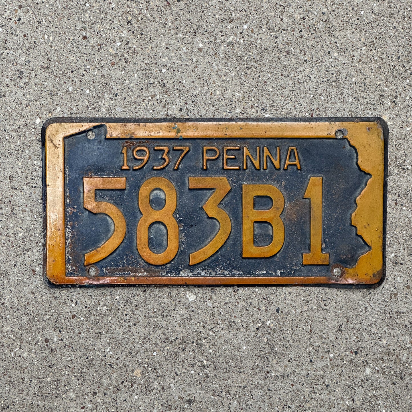 Photo of a 1937 Pennsylvania License Plate Auto Tag Garage Decor Vintage 583 B1 with original patina
