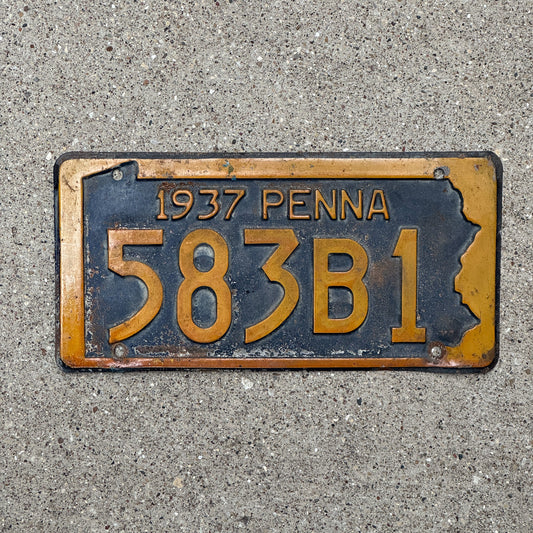 Photo of a 1937 Pennsylvania License Plate Auto Tag Garage Decor Vintage 583 B1 with original patina