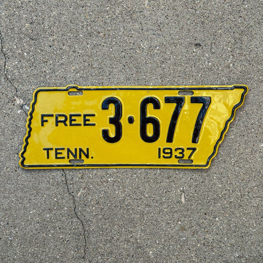 Photo of a 1937 Tennessee Free License Plate Auto Tag Garage Decor Vintage State Shape 3677