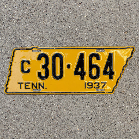 Photo of a 1937 Tennessee License Plate Auto Tag Garage Decor Vintage State Shape C 30 464