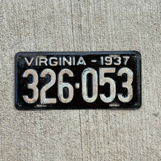Photo of a 1937 Virginia License Plate Auto Tag Garage Decor Vintage 326 053 with original patina