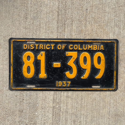Photo of a 1937 Washington DC License Plate Auto Tag Garage Decor Vintage 81 399 with original patina