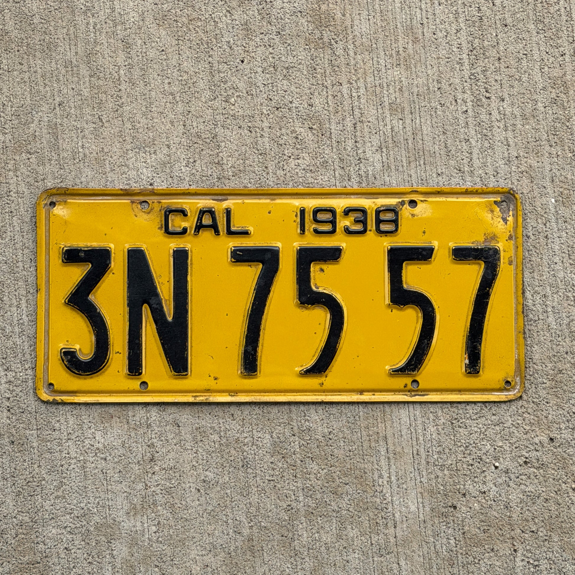 Photo of a 1938 California License Plate Auto Tag Garage Decor Vintage 3N 75 57 with original patina