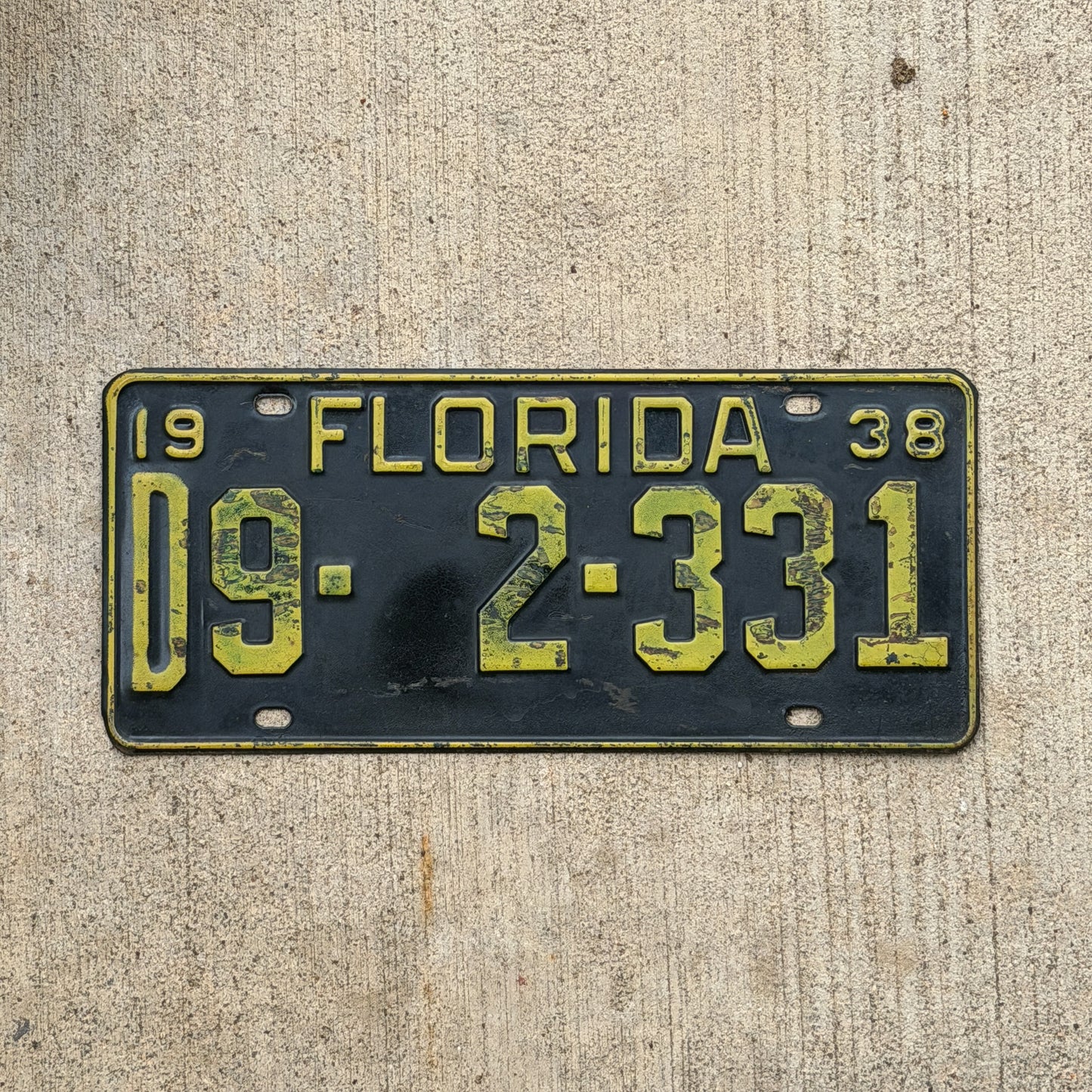 Photo of a 1938 Florida License Plate Auto Tag Garage Decor Vintage Escambia County D 9 2331 with original patina