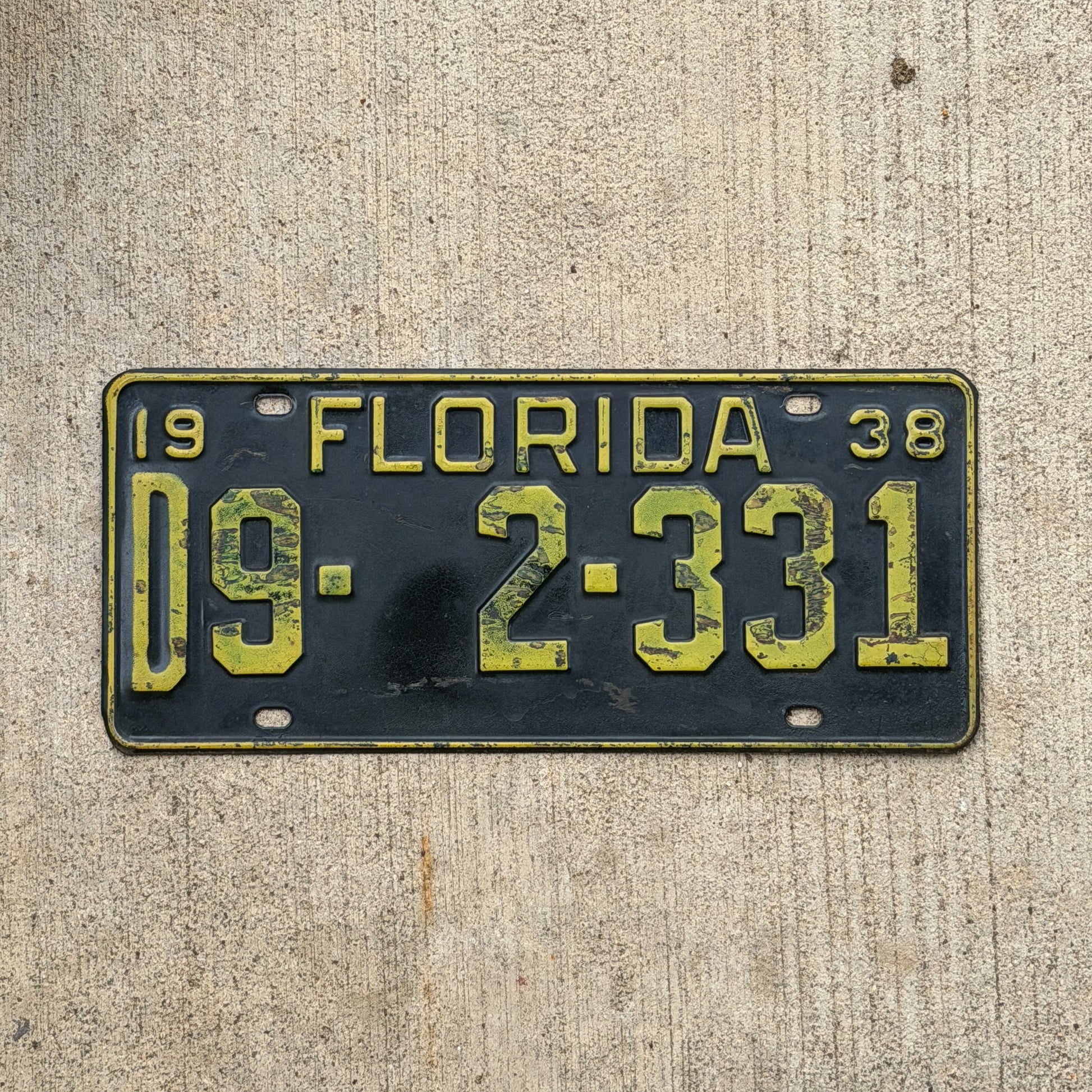 Photo of a 1938 Florida License Plate Auto Tag Garage Decor Vintage Escambia County D 9 2331 with original patina