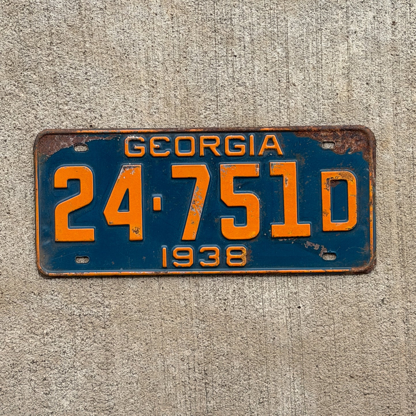 Photo of a 1938 Georgia License Plate Auto Tag Garage Decor Vintage 24 751D with original patina