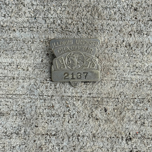 Photo of a 1938 Illinois Chauffeur Badge License Plate Auto Tag Garage Decor Vintage Pin Vintage Automobilia 2137 with original patina