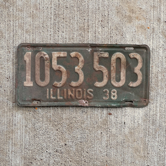 Photo of a 1938 Illinois License Plate Auto Tag Garage Decor Vintage 1 053 503 with original patina