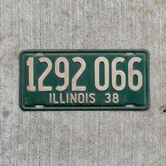 Photo of a 1938 Illinois License Plate Auto Tag Garage Decor Vintage 1 292 066 with original patina