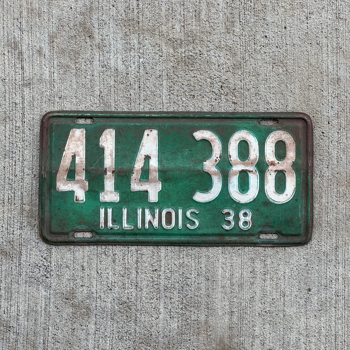 Photo of a 1938 Illinois License Plate Auto Tag Garage Decor Vintage 414 388 with original patina