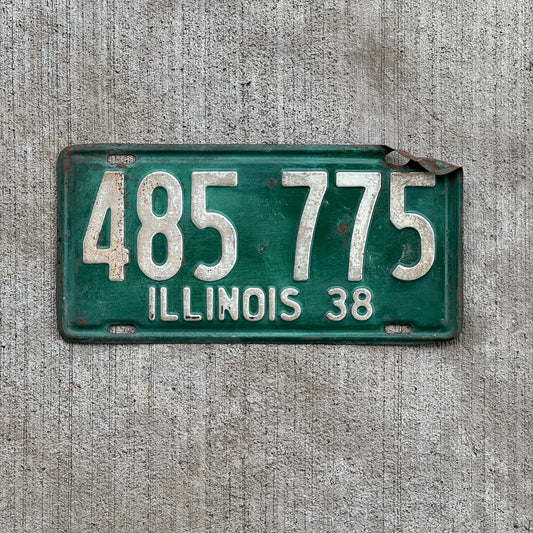 Photo of a 1938 Illinois License Plate Auto Tag Garage Decor Vintage 485 775 with original patina