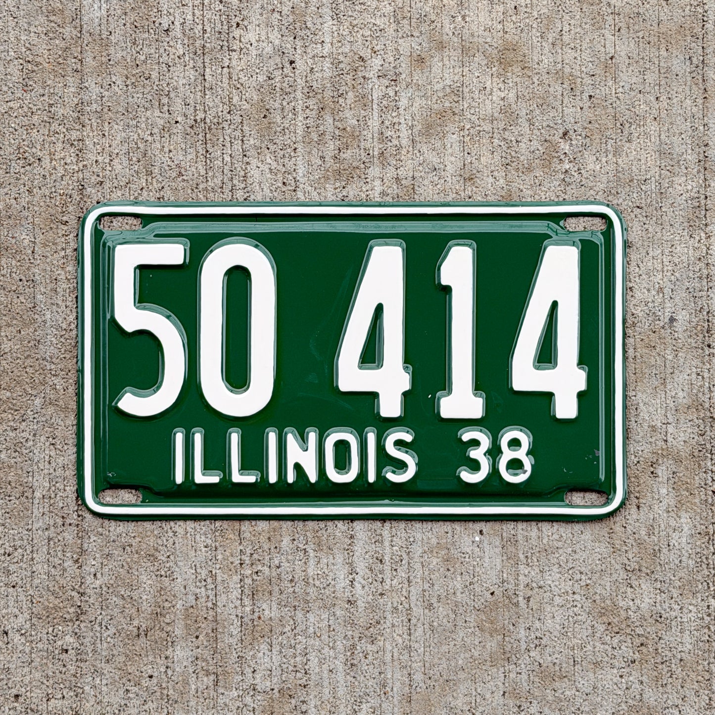 Photo of a 1938 Illinois License Plate Auto Tag Garage Decor Vintage 50 414 with original patina