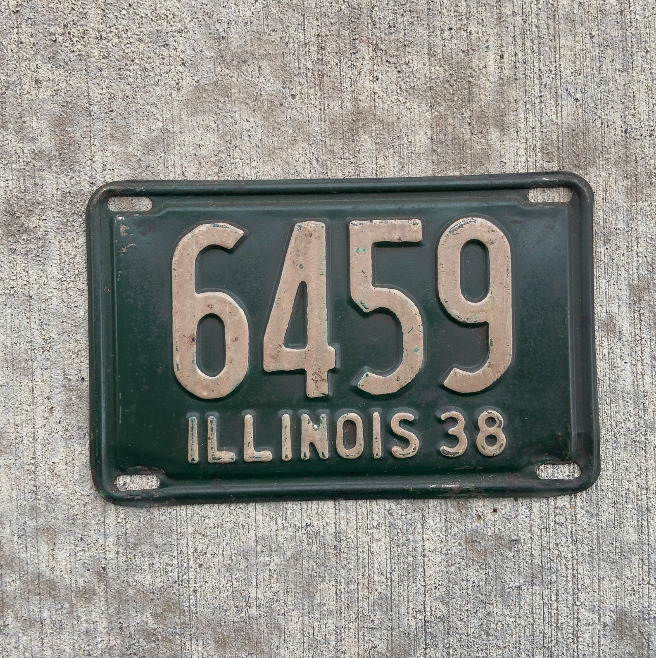 Photo of a 1938 Illinois License Plate Auto Tag Garage Decor Vintage Low Number Four Digit 6459 with original patina