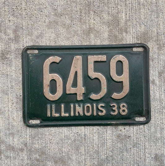 Photo of a 1938 Illinois License Plate Auto Tag Garage Decor Vintage Low Number Four Digit 6459 with original patina