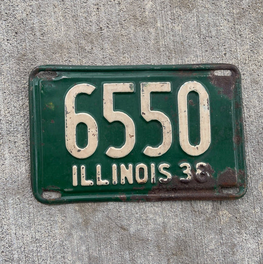 Photo of a 1938 Illinois License Plate Auto Tag Garage Decor Vintage Low Number Four Digit 6550 with original patina