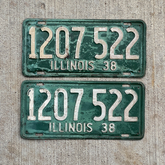 Photo of a 1938 Illinois License Plate Pair Auto Tag Garage Decor Vintage 1 207 522 with original patina