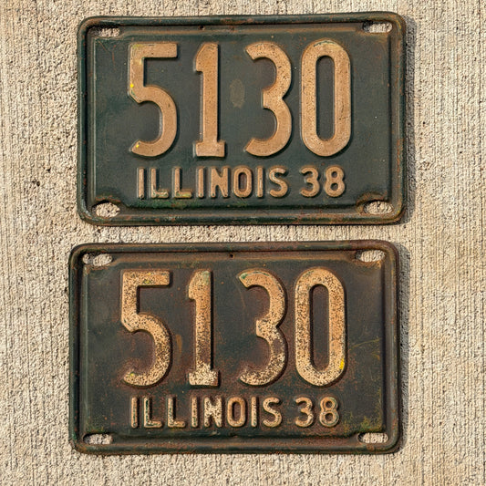 Photo of a 1938 Illinois License Plate Pair Auto Tag Garage Decor Vintage Low Number Four Digit 5130 with original patina