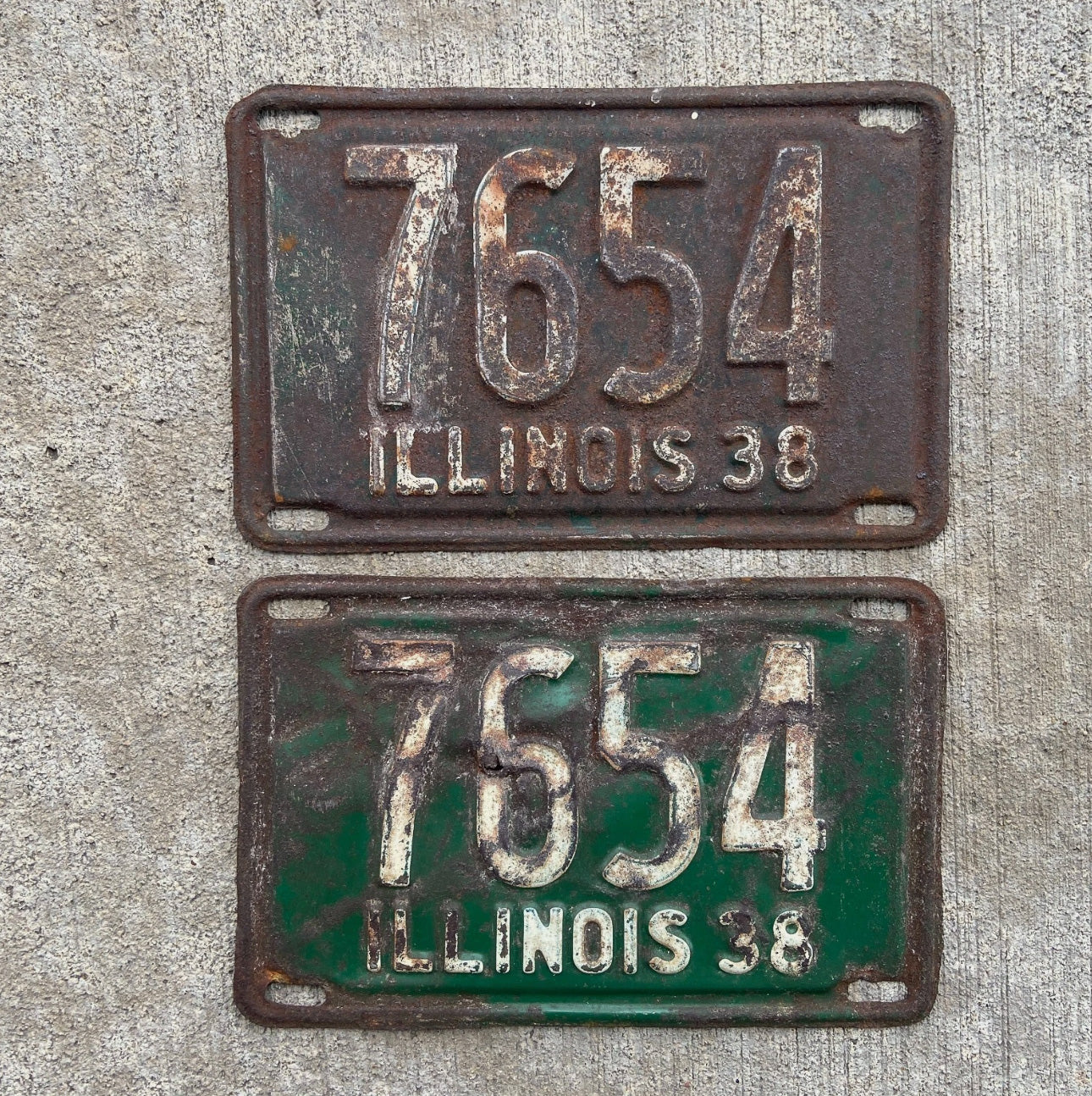 Photo of a 1938 Illinois License Plate Pair Auto Tag Garage Decor Vintage Low Number Four Digit 7654 with original patina