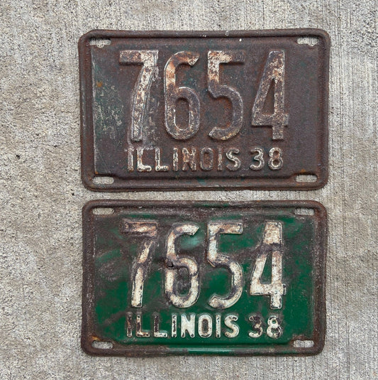 Photo of a 1938 Illinois License Plate Pair Auto Tag Garage Decor Vintage Low Number Four Digit 7654 with original patina