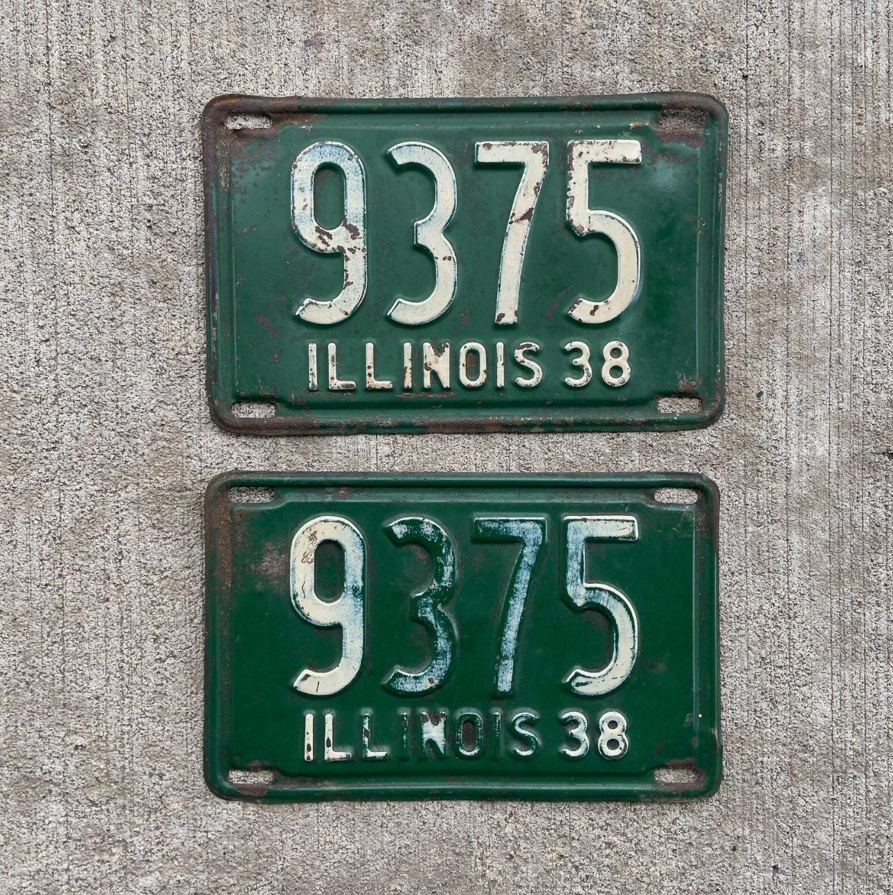Photo of a 1938 Illinois License Plate Pair Auto Tag Garage Decor Vintage Low Number Four Digit 9375 with original patina