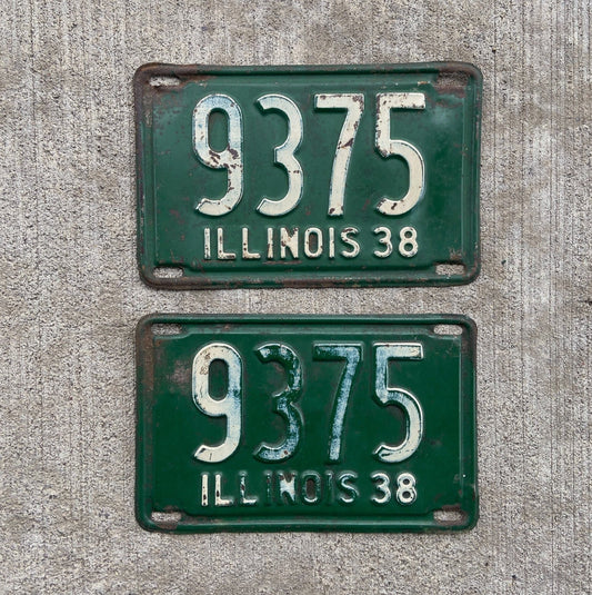 Photo of a 1938 Illinois License Plate Pair Auto Tag Garage Decor Vintage Low Number Four Digit 9375 with original patina