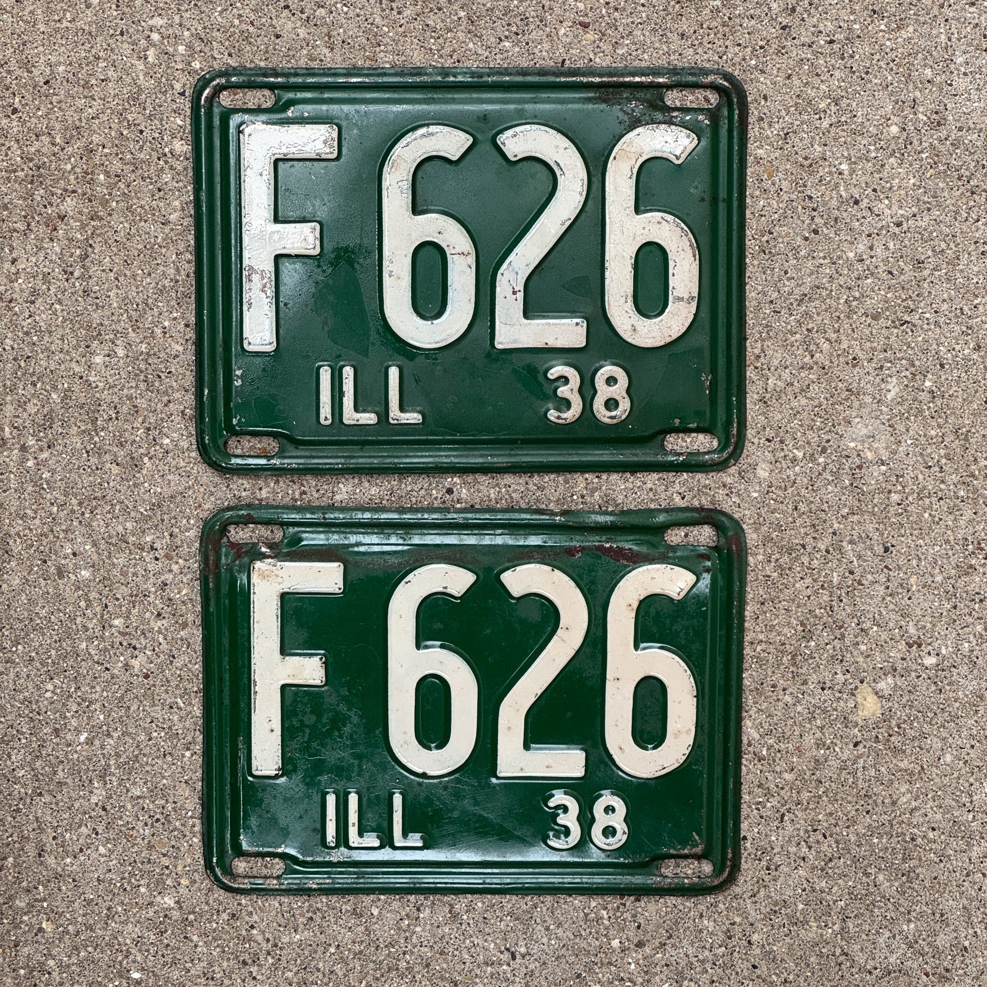 Photo of a 1938 Illinois Truck License Plate Pair Auto Tag Garage Decor Vintage Low Number Three Digit F 626 with original patina