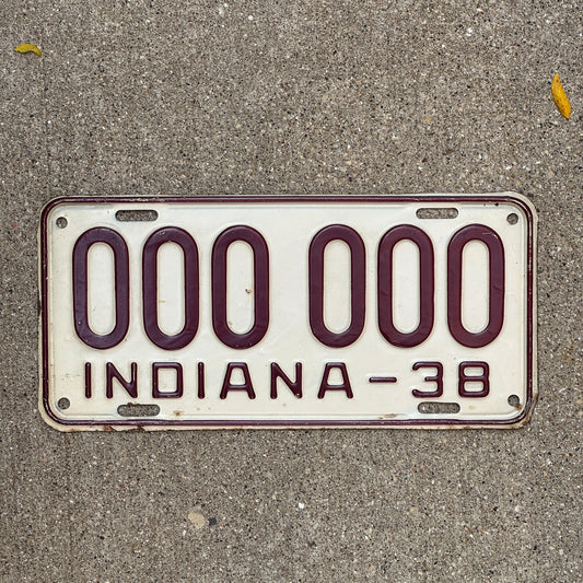 Photo of a 1938 Indiana Sample License Plate Auto Tag Garage Decor Vintage 000 000 with original patina