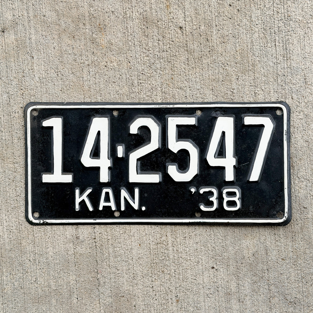 Photo of a 1938 Kansas License Plate Auto Tag Garage Decor Vintage 14 2547 with original patina