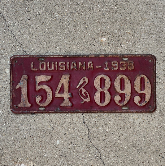 Photo of a 1938 Louisiana License Plate Auto Tag Garage Decor Vintage Iconic Pelicn 154 899 with original patina