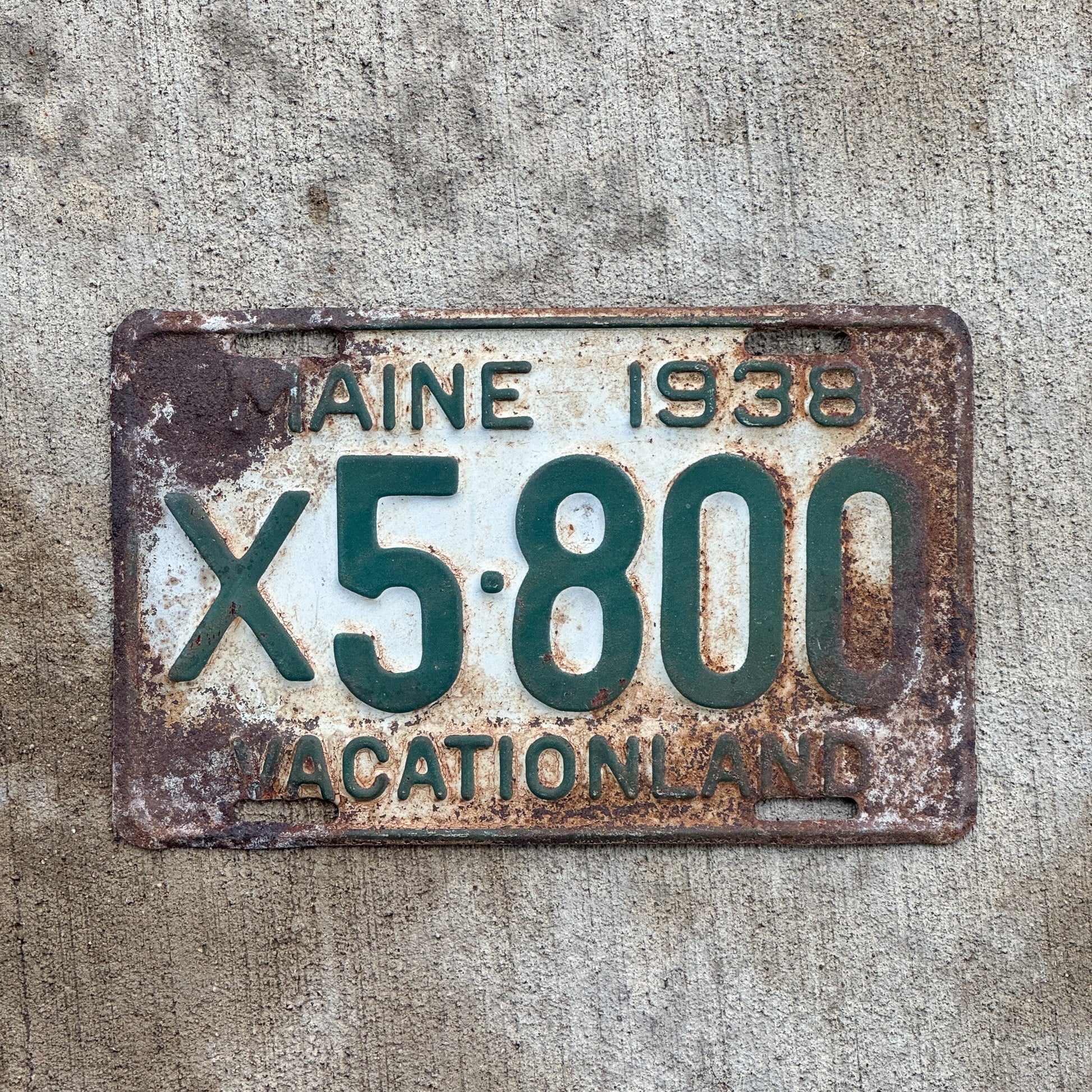 Photo of a 1938 Maine Commercial License Plate Auto Tag 1 Vintage Garage X 5800 with original patina